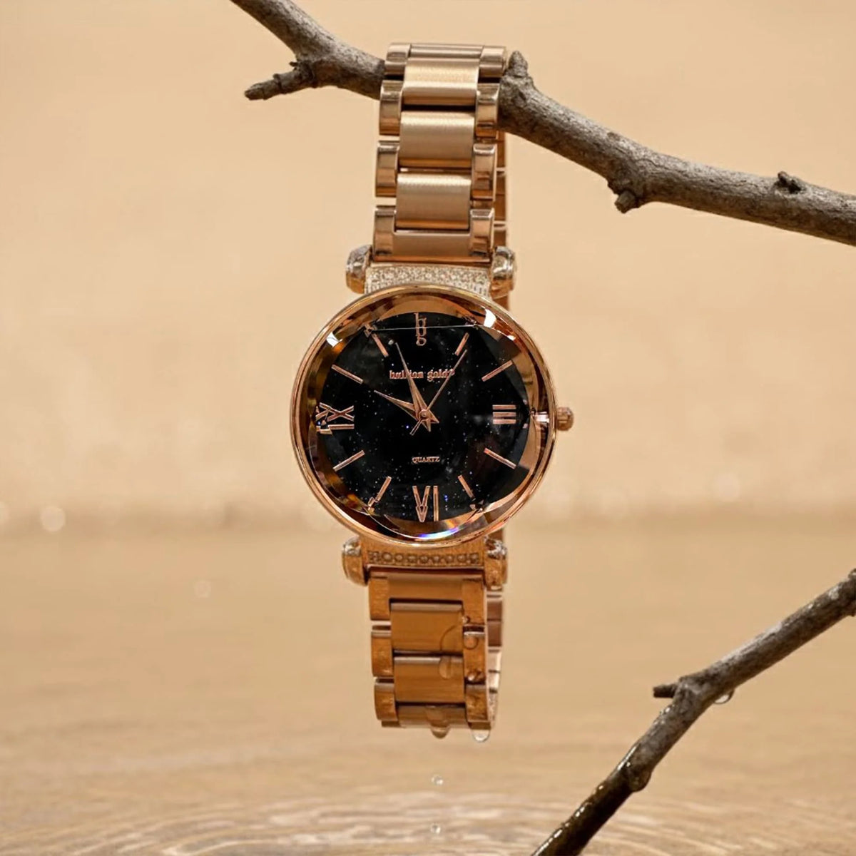 Boxed Black Face Watch & Earrings Set In Rose Gold