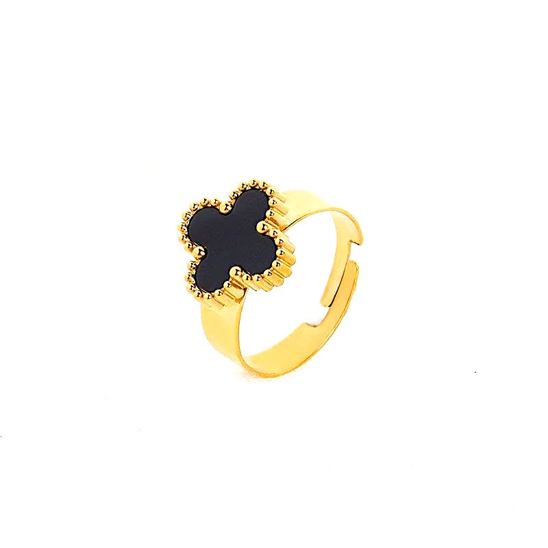 Liv Oliver 18K Gold Adjustable Black Clover Ring
