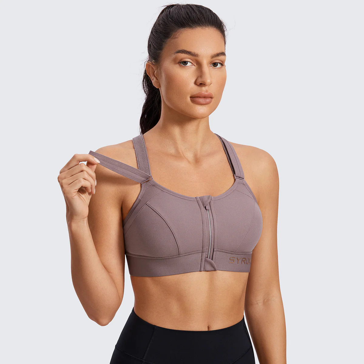 Zip Front Large Padded High Impact Sports Bra - Mocha