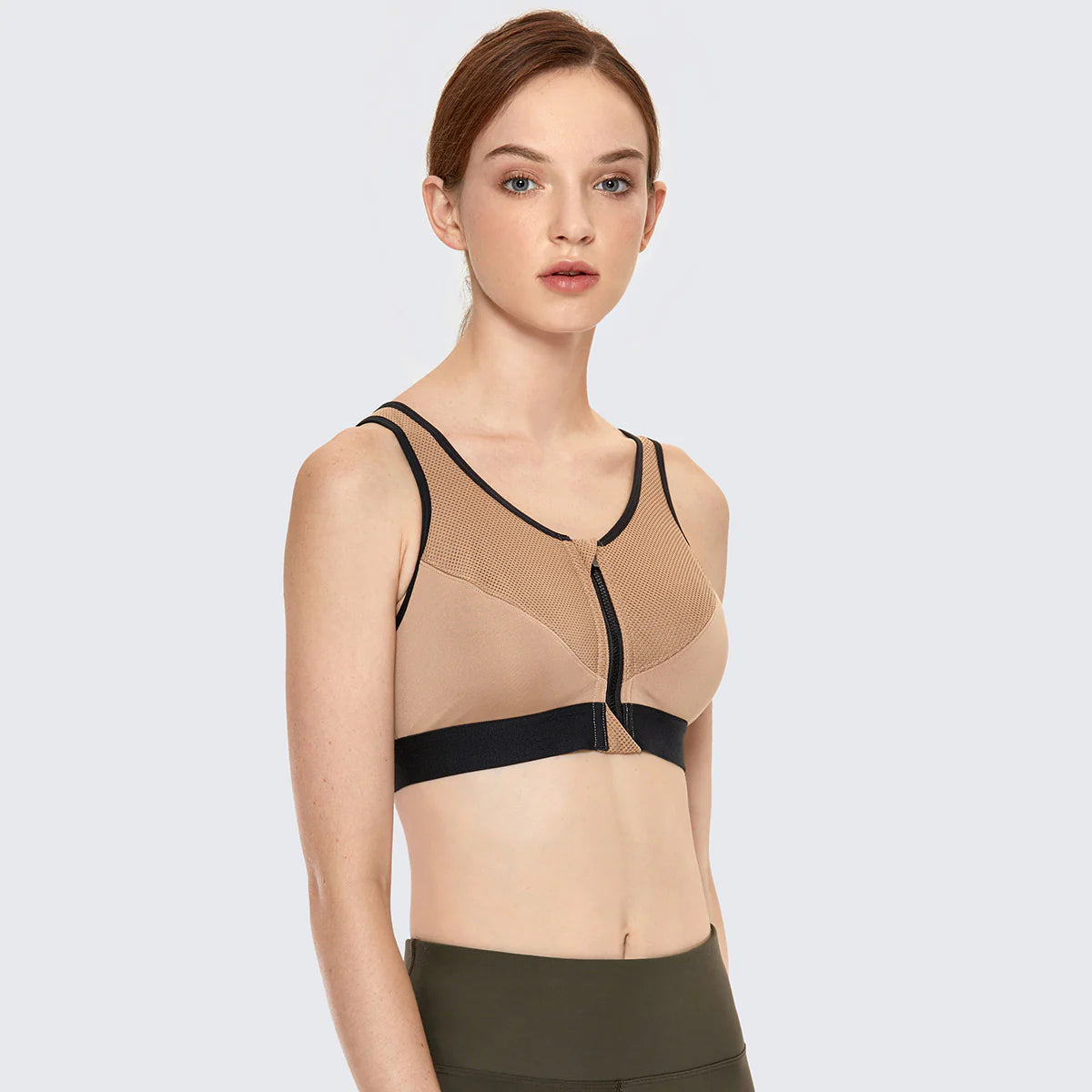Full Length Zip Front Wireless Racerback Sports Bra - Nude