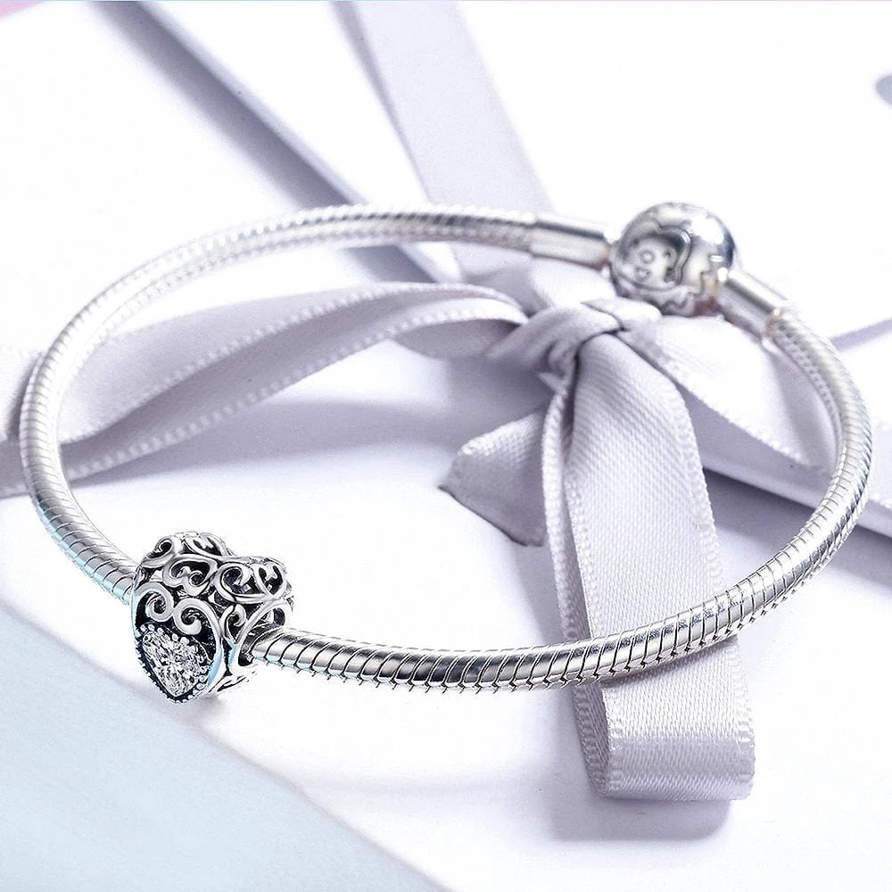 Solid 925 Sterling Silver Heart to Heart Clear CZ Charm