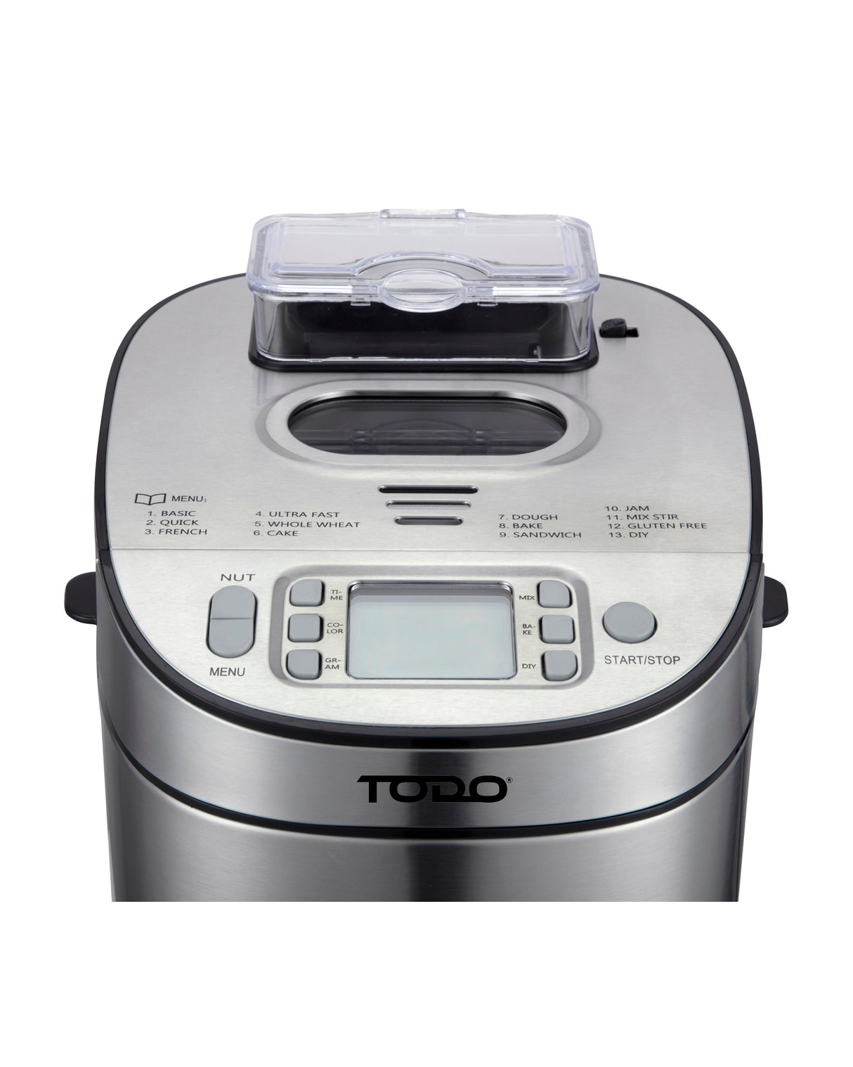 TODO Stainless Steel Bread Maker 13 Programs Menu 550W Power Fruit Nut Dispenser Keep Warm Function