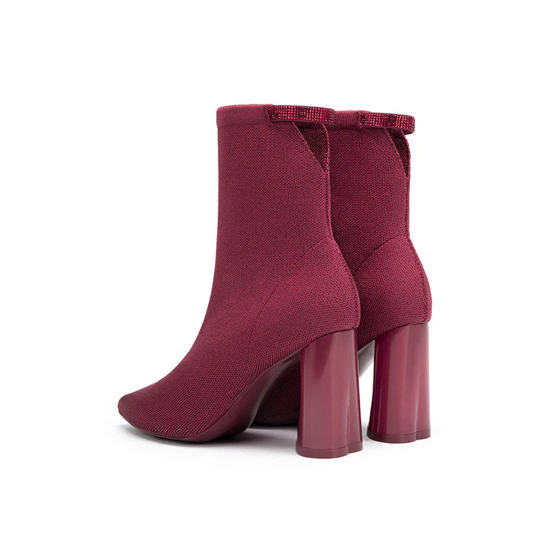Pointed Toe Block Heel Knit Ankle Boots - Wine