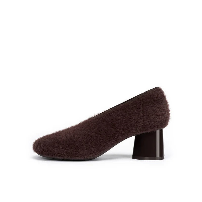 Fuzzy Round Toe Block Heel Pumps - Chocolate