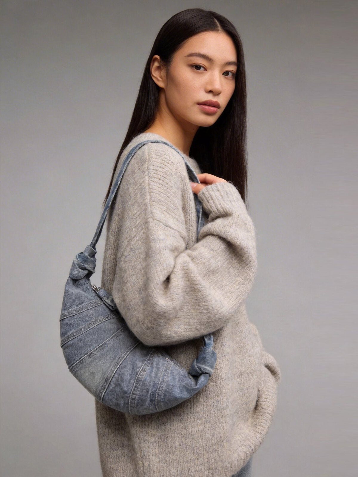 Washed Denim Croissant Shoulder Bag - Denim