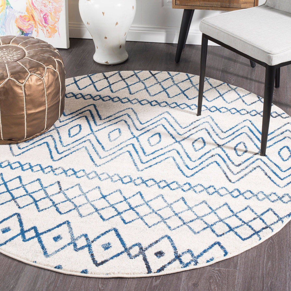 Oasis 453 White Blue Round Rug