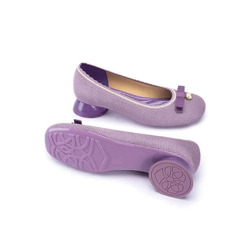 Pearl Bow Knit Square Toe Loafer Pumps - Lavender