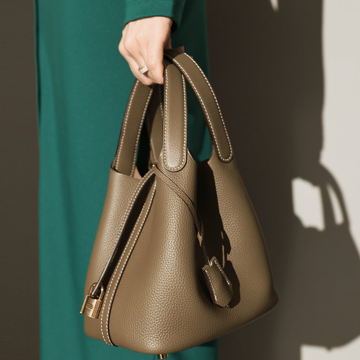 Premium Pebbled Leather Bucket Tote Bag - Taupe