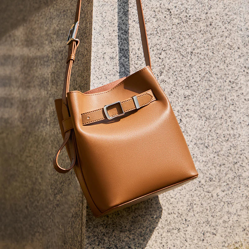 Nalandu Harper Leather Belt Accent Bucket Crossbody Bag - Brown