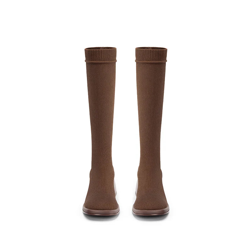 Mademoiselle Round Toe Knee High Sock Boots - Coffee
