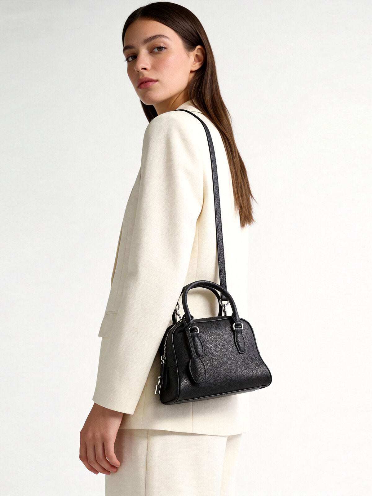 Mini Pebbled Leather Bowling Bag with Padlock Charm - Black