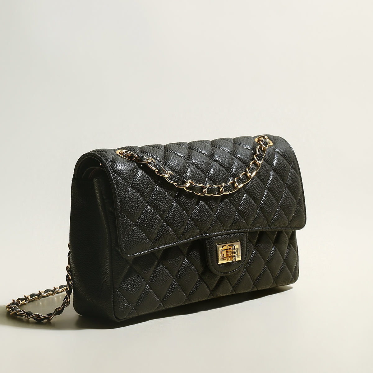 Classic Black Quilted Caviar Leather Flap Shoulder Bag - Black