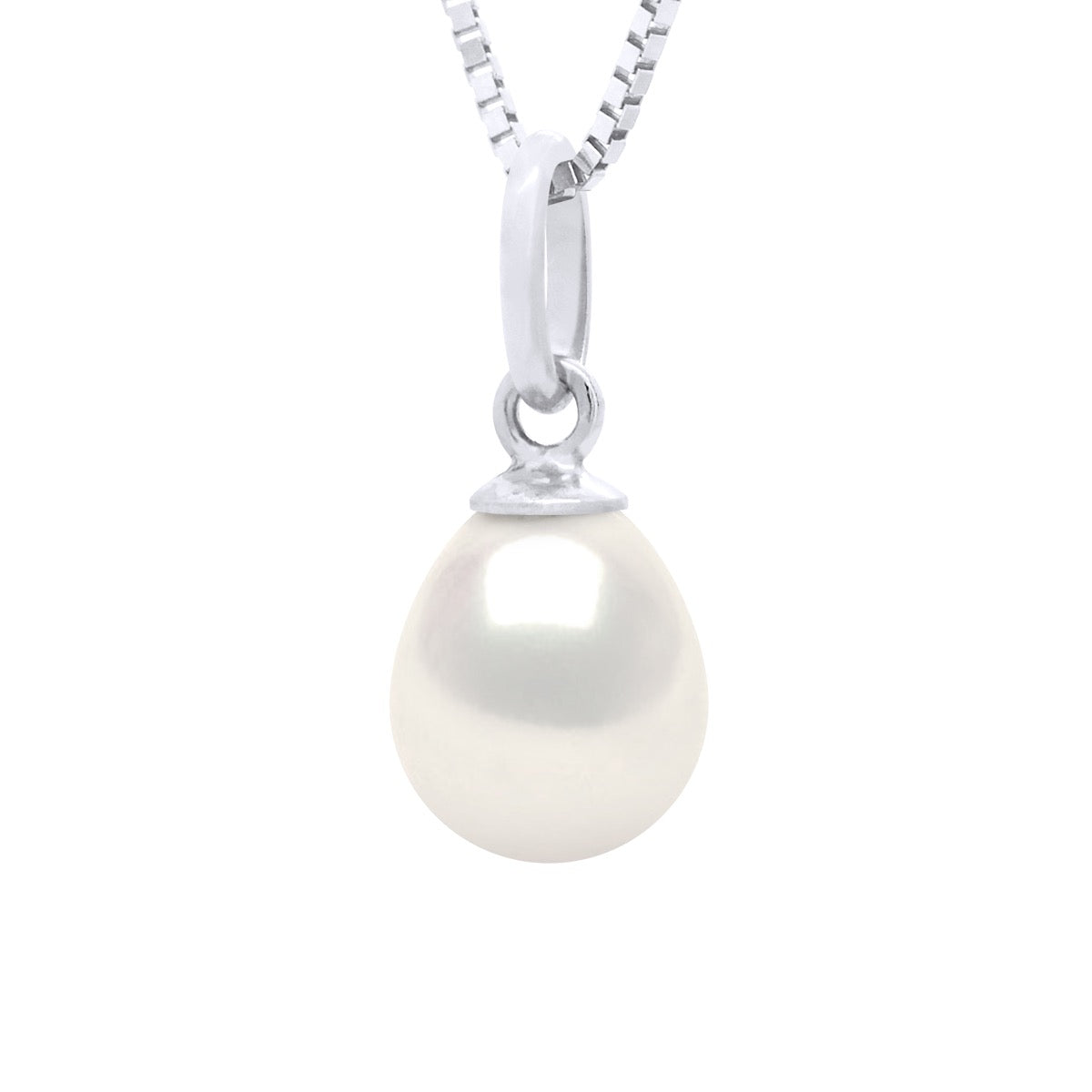 Beaded Pendant Articulated In White Gold 750 and Real Cultured Freshwater Pearl Pear 7-8 mm - Natural Pearl White - Longueur 42 cm