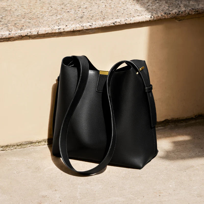 Nalandu Minimalist Genuine Leather Bucket Shoulder Bag - Black