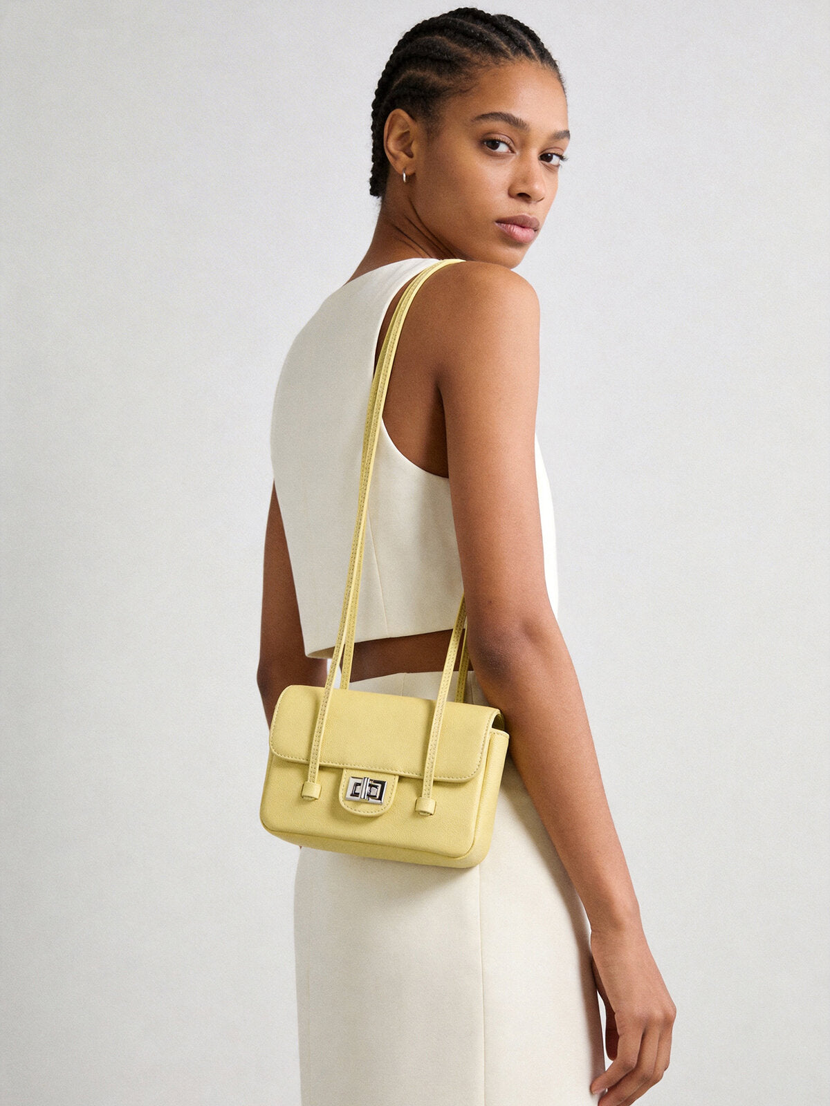 French Chic Pebbled Leather Baguette Bag - Yellow