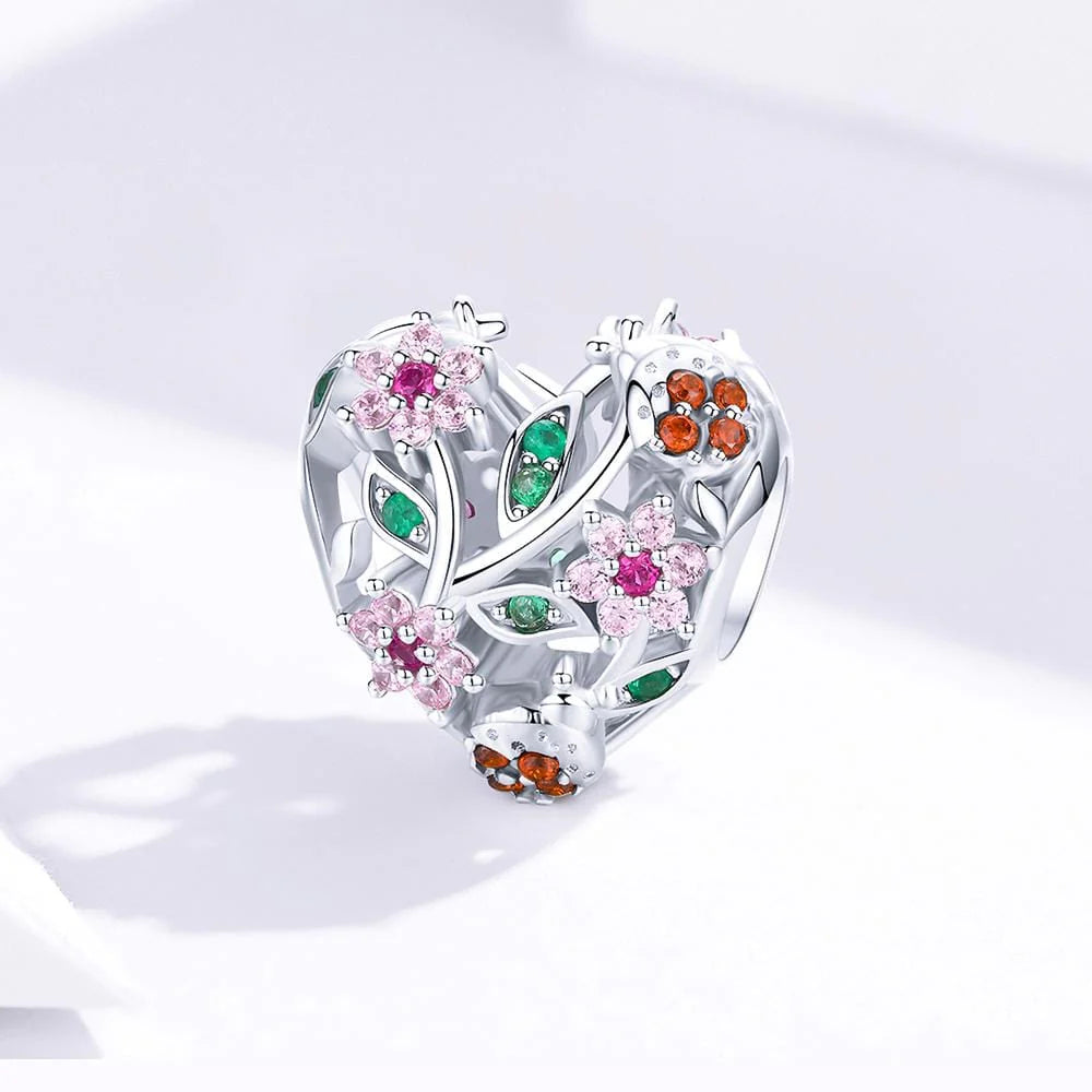 Solid 925 Sterling Silver Heart Colourful Floral Flower Pandora Inspired Charm