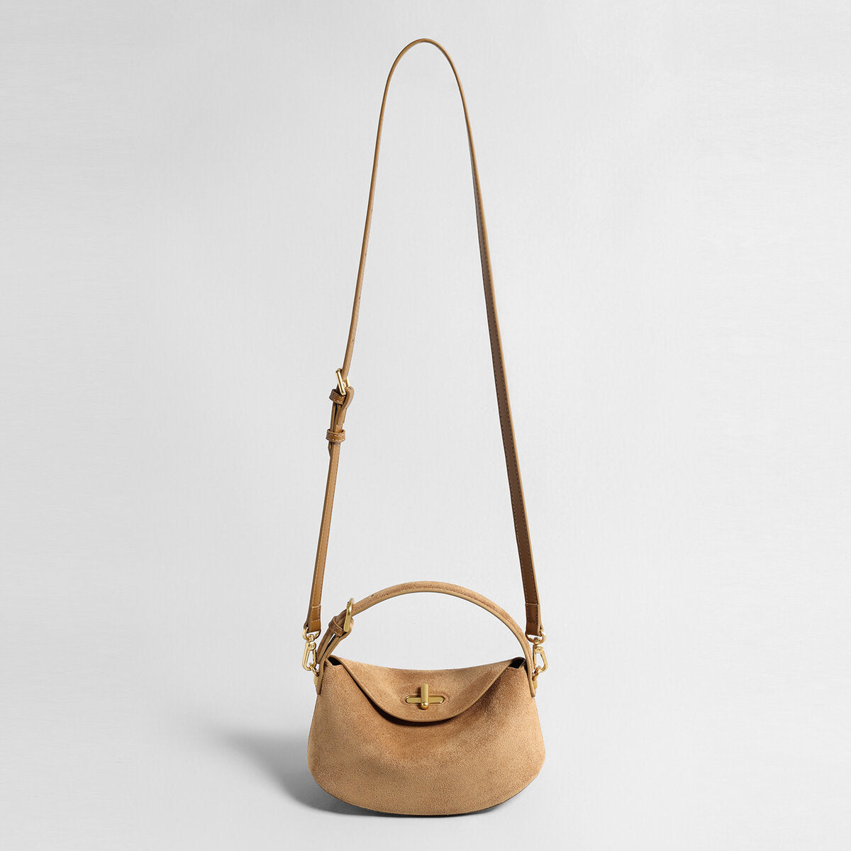 Suede Leather Pebble Top Handle Bag - Camel