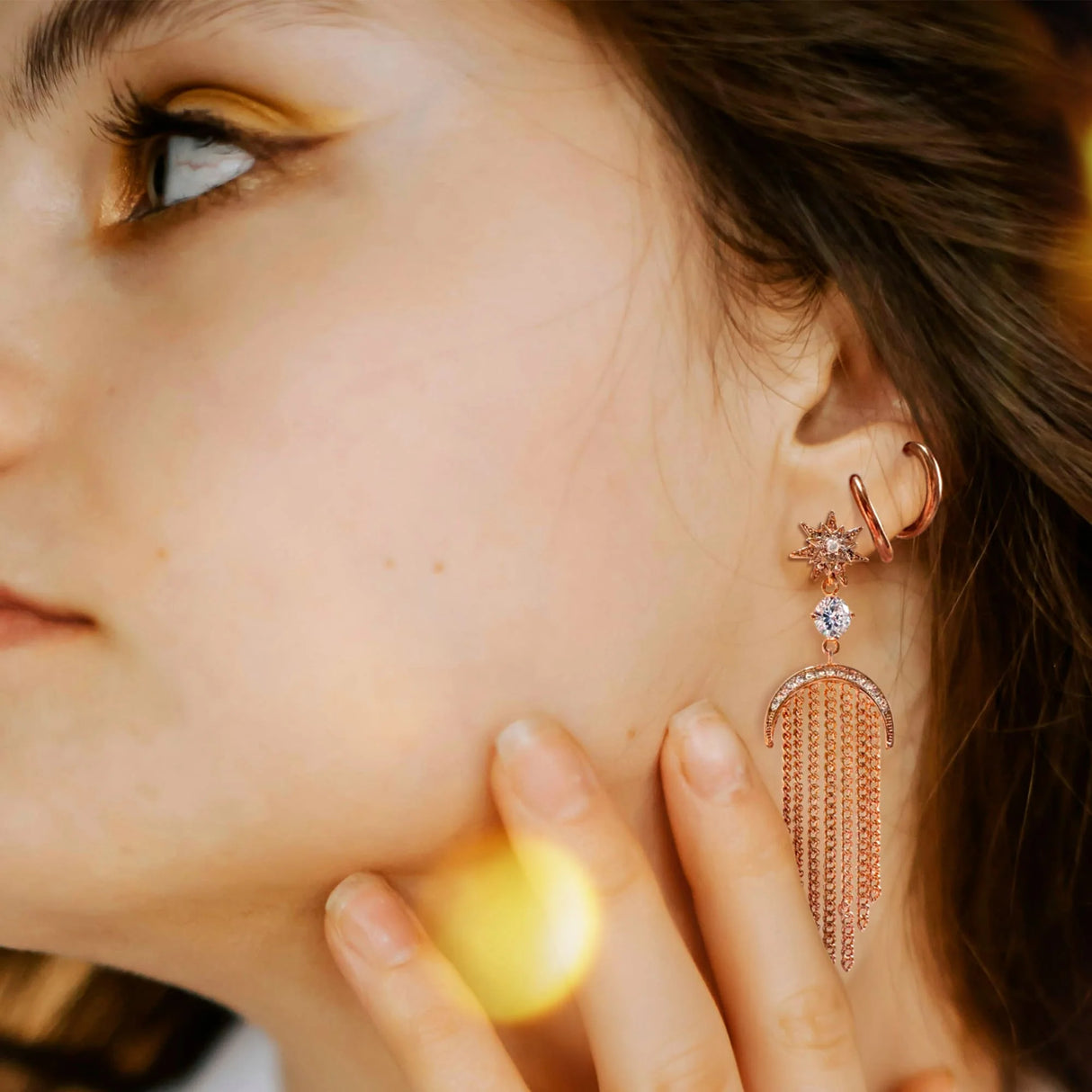 Bullion Gold Star Sun & Moon Diamonelle Chandelier Tassle Drop Earrings Rose Gold