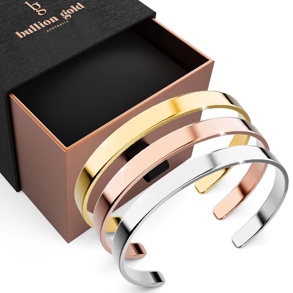 Boxed 3 Tri-Tone Avenue Classic Cuff Bangle Set - 6mm