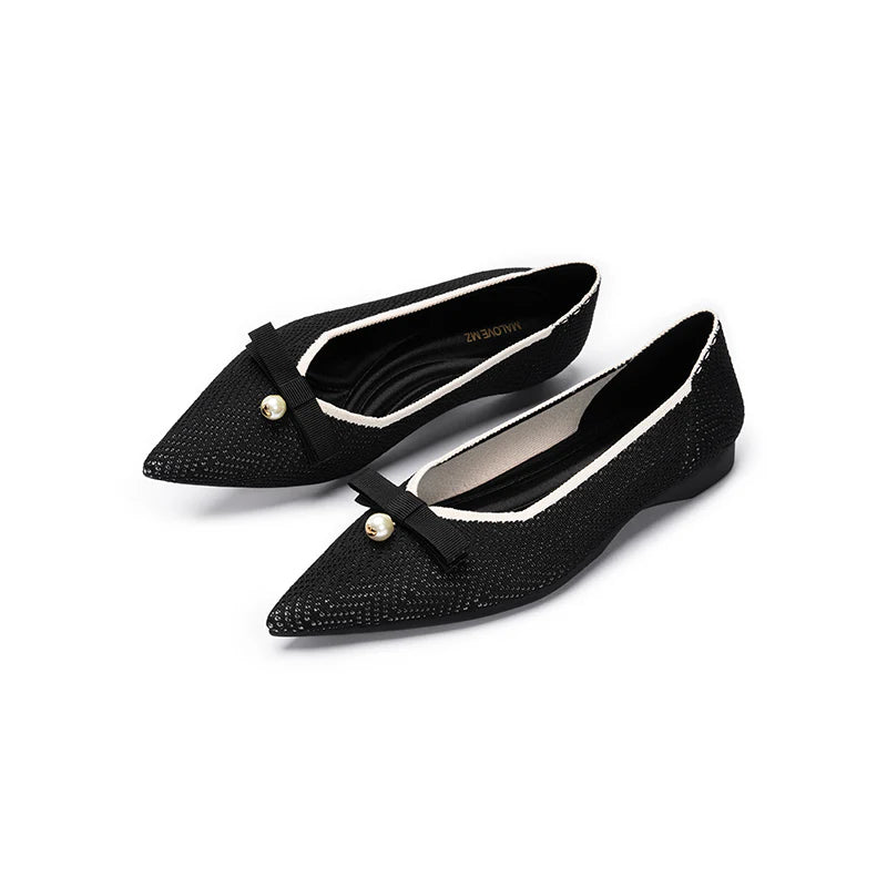 Sarah Casual Pearl Bow Commuter Flats - Black