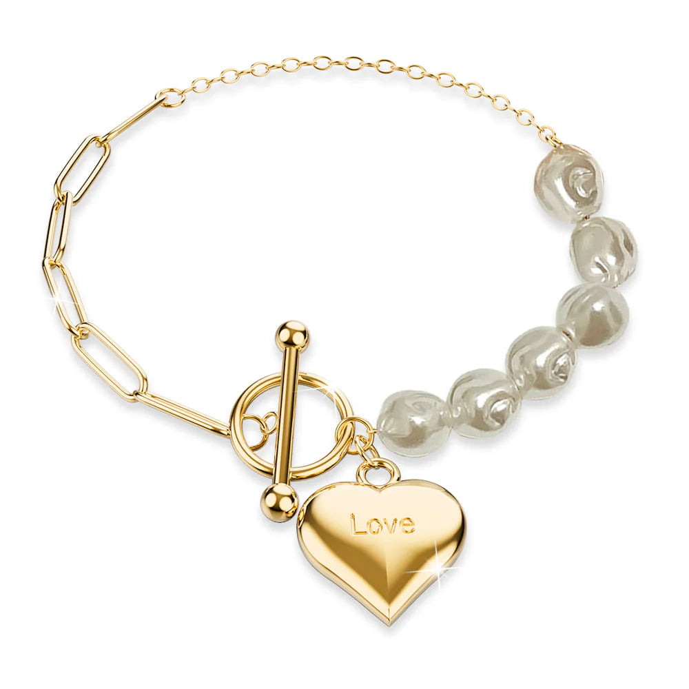 Bullion Gold Pearl Paper Clip Chain Heart Gold Layered Stainless Steel Bracelet