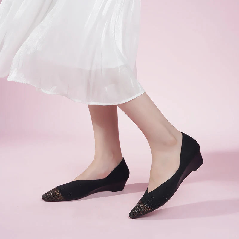 Princess Crystal Pointed Toe Wedge Pumps - Black