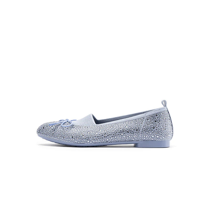 Rhinestone Bow Knit Round Toe Ballet Flats - Blue