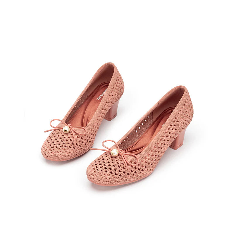 Pearl Bow Mesh Knit Round Toe Pumps - Orange