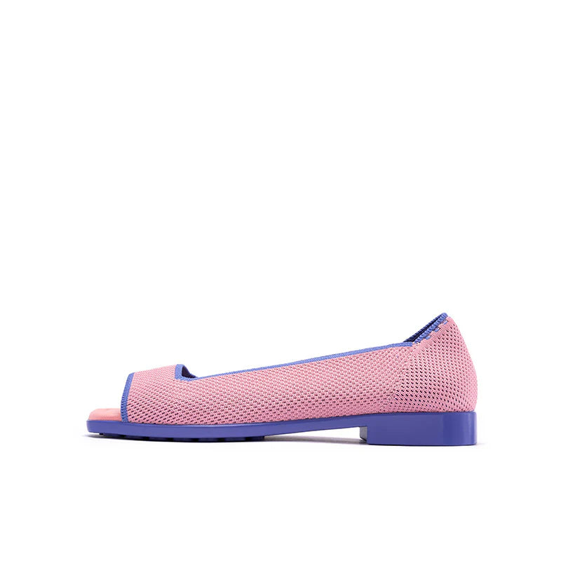Colorblock Peep Toe Knit Flats - Pink