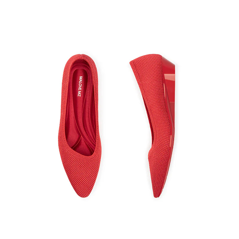 Diagonal Cut Knit Pointed Toe Wedge Flats - Red