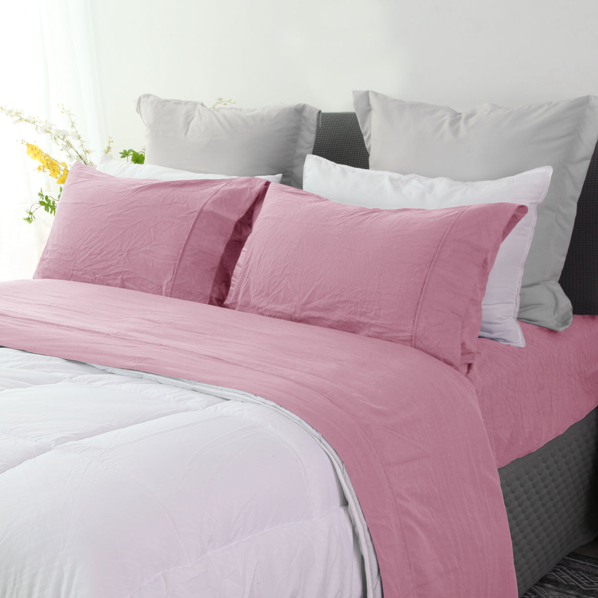 Ramesses Pebble Wash Linen Alternative Sheet Set - Classic Rose