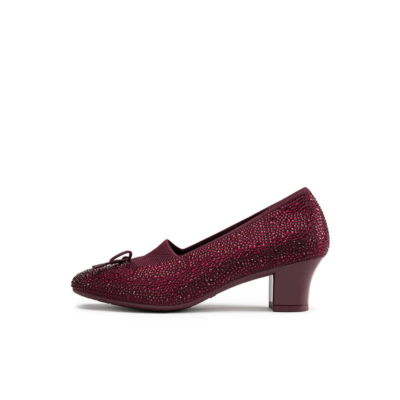 Rhinestone Bow Knit Round Toe Block Heel Pumps - Wine