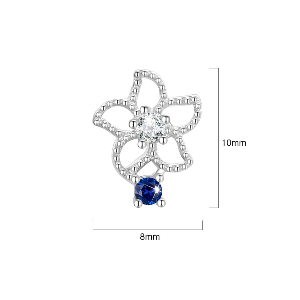 Solid 925 Signature Silver Mono Blue Flower Earrings
