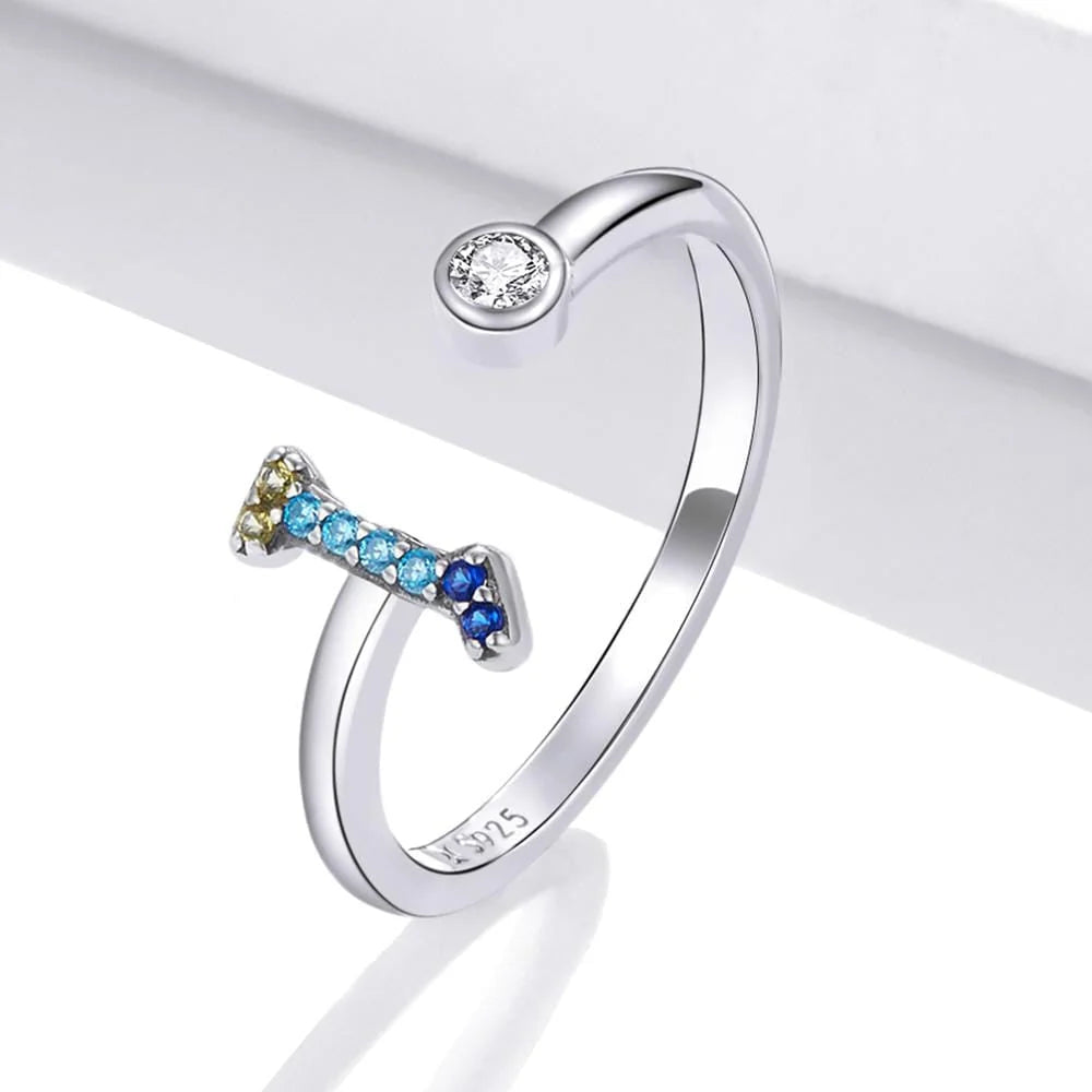 Adjustable Solid 925 Sterling Silver Colourful Rainbow Alphabet Letter Ring