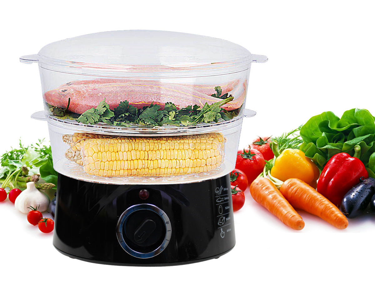 TODO 5L Steam Cooker Steamer 2 Tray 400W Power Dial Timer Healthy Stackable - Black