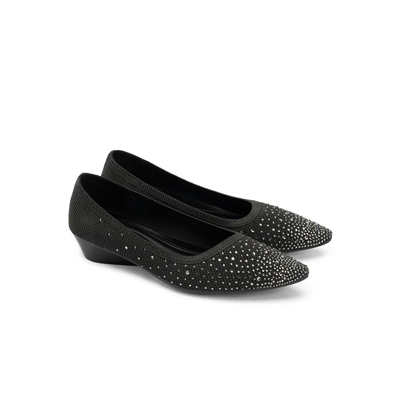 Rhinestone Gradient Knit Pointed Toe Wedge Flats - Black