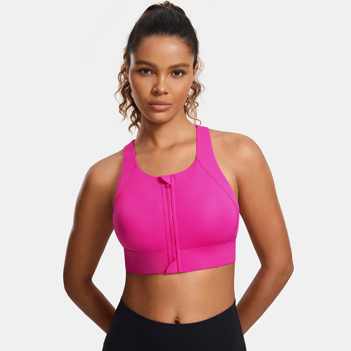 Power On Zip Front Racerback High Impact Sports Bra - Rose