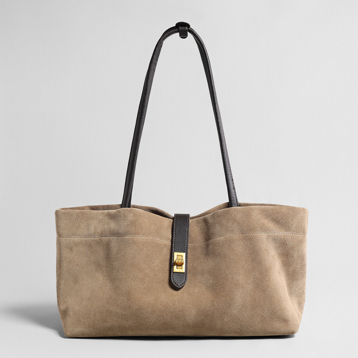 Suede Leather Turn-Lock Tote Bag - Oat
