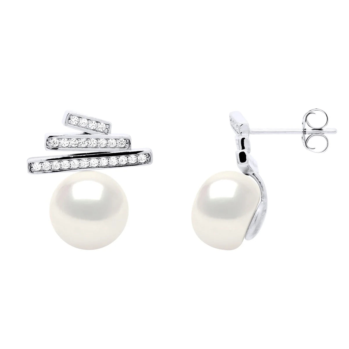 Earrings Button Freshwater Pearl & Cubic Zirconia White Sterling Silver