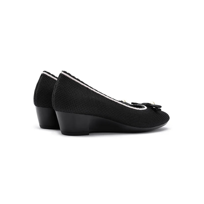 Shallow Wedge Pearl Bow Work Shoes - Black
