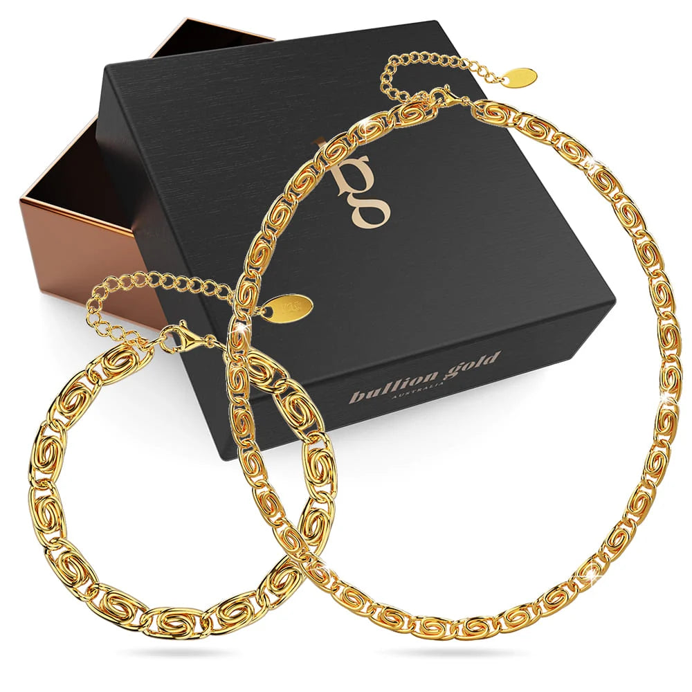 Boxed Bianca Fancy Clip Link Chain Gold Choker Necklace and Bracelet Set