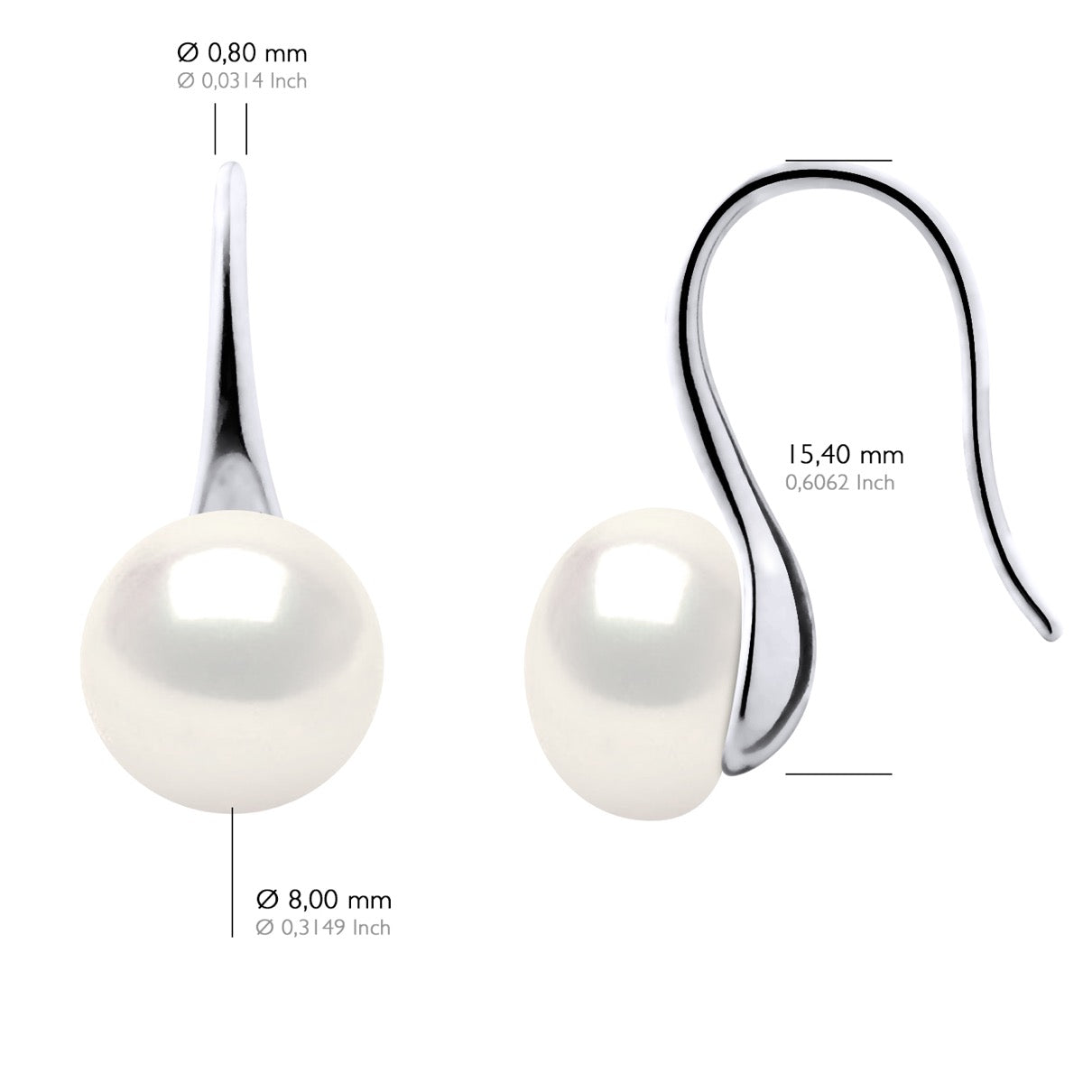 Earrings Real Cultured Freshwater Pearls Button 8-9 mm - Natural Pearl White - Height 18 mm