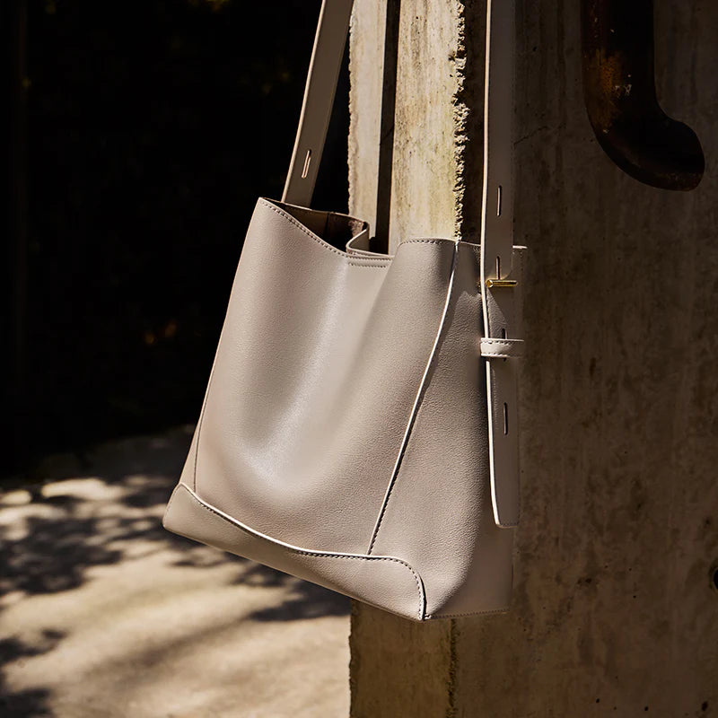 Nalandu Luxe Genuine Leather Bucket Tote Shoulder Bag - Taupe