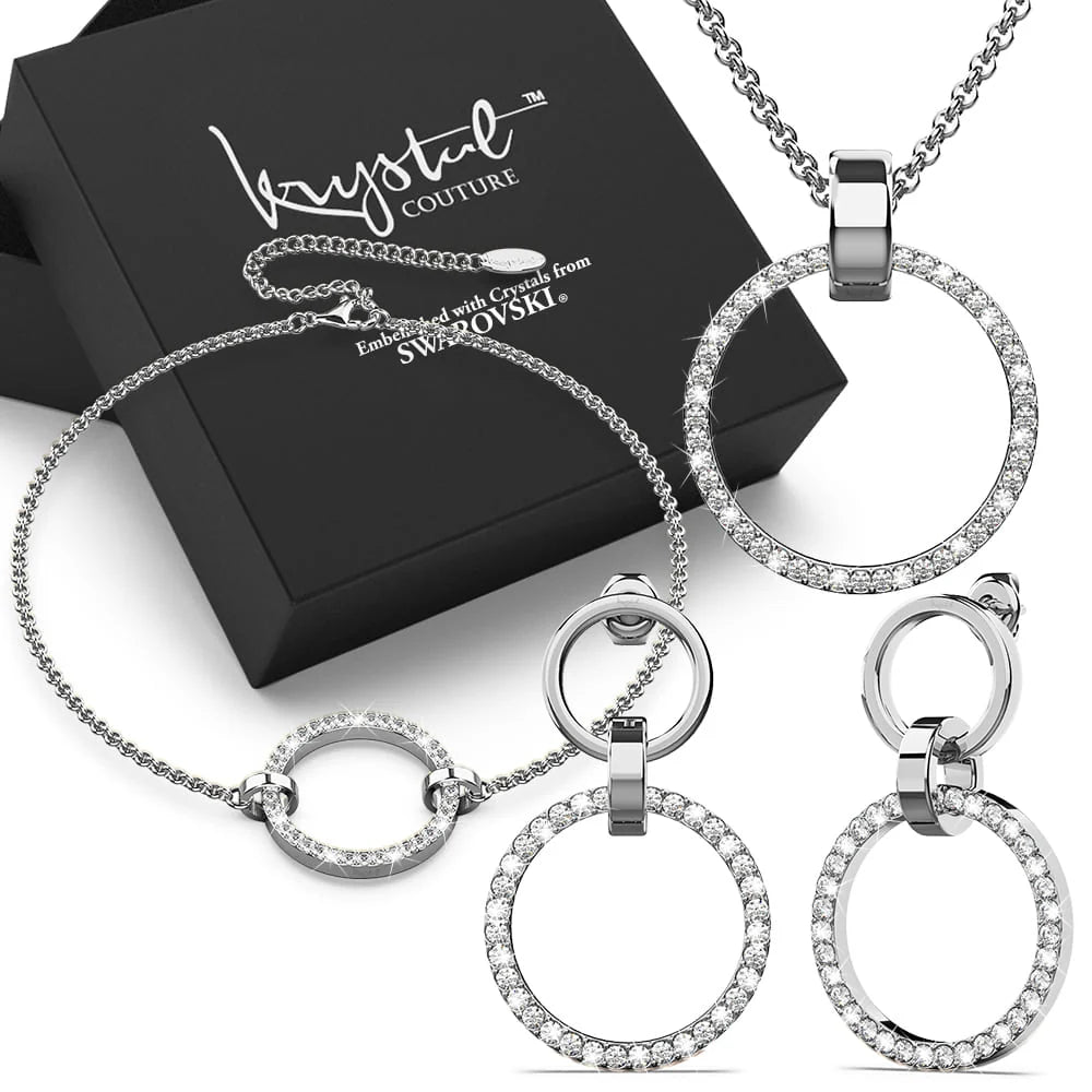 Boxed Orbit Earrings, Bracelet & Necklace Set with SWAROVSKI® Crystal in White Gold