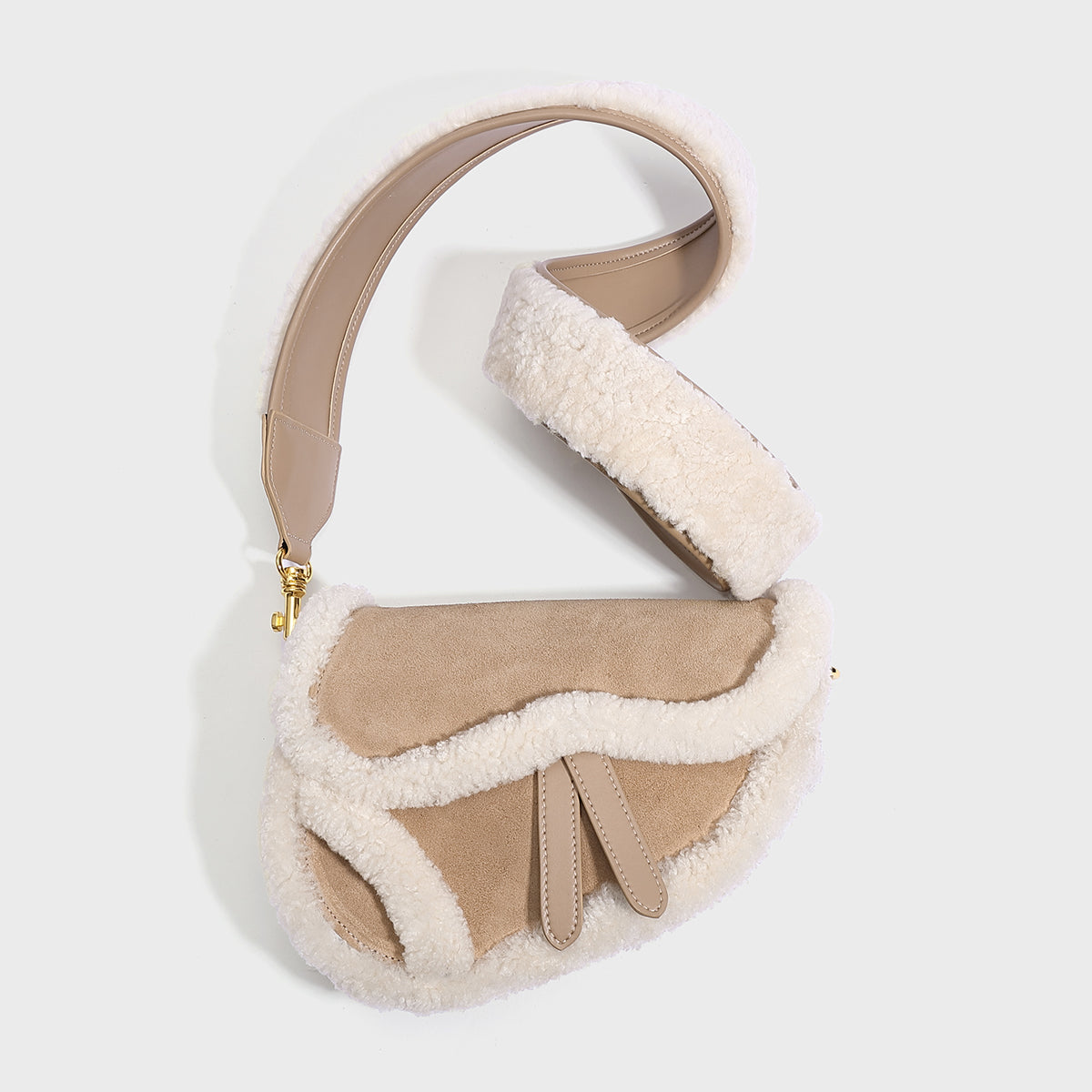 Beige Shearling Saddle Shoulder Bag - Beige