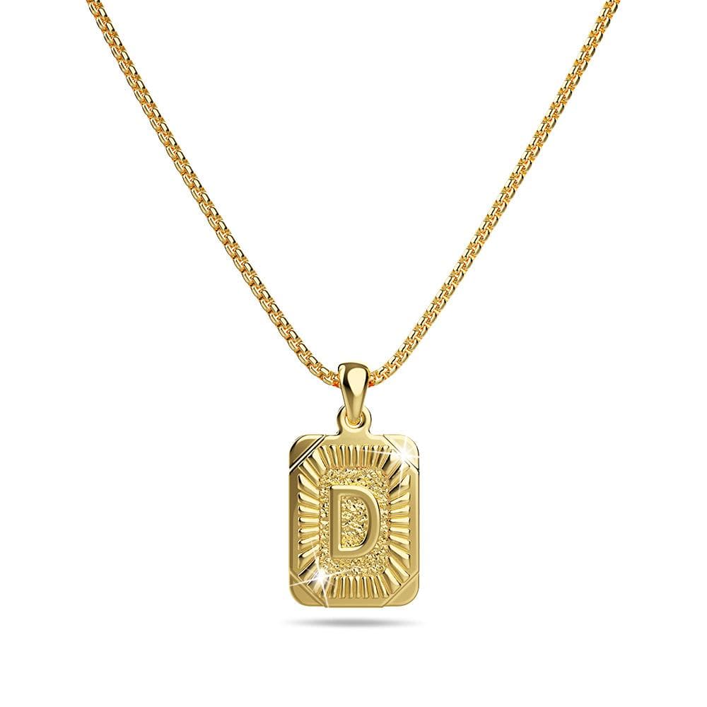 Bullion Gold Vintage Inspired Initial Medal Gold Bar Pendant Round Box Chain Necklace