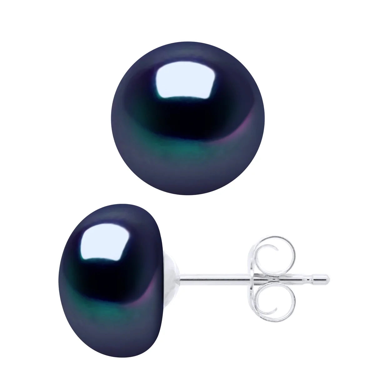 Earrings Button Freshwater Pearl Black White Gold 9-10mm