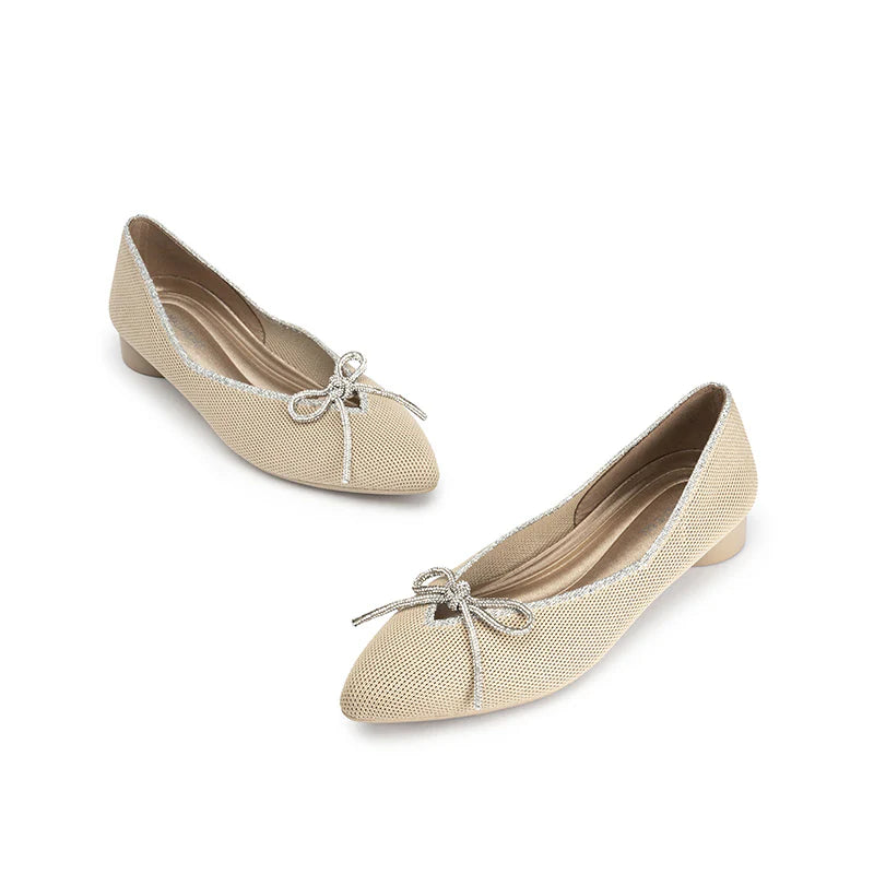 Rhinestone Bow Ballet Flats - Beige