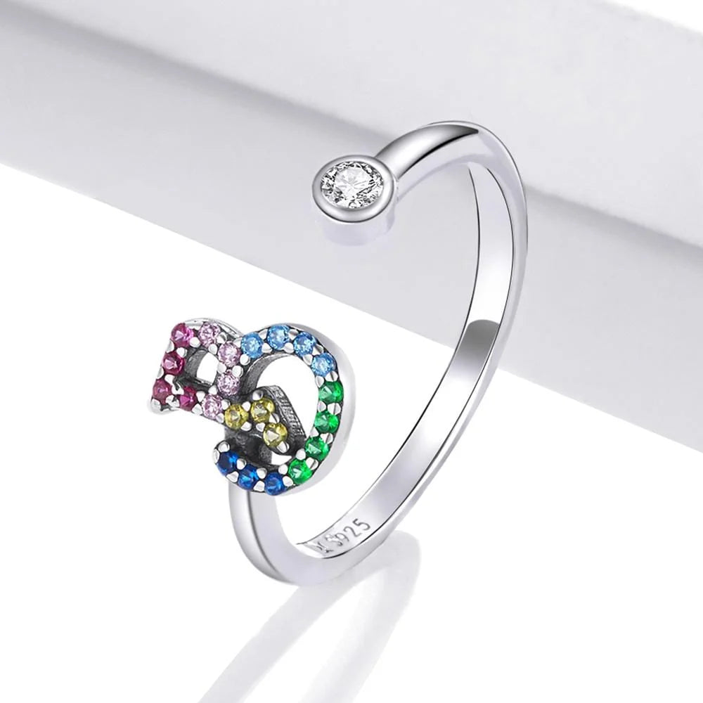Adjustable Solid 925 Sterling Silver Colourful Rainbow Alphabet Letter Ring