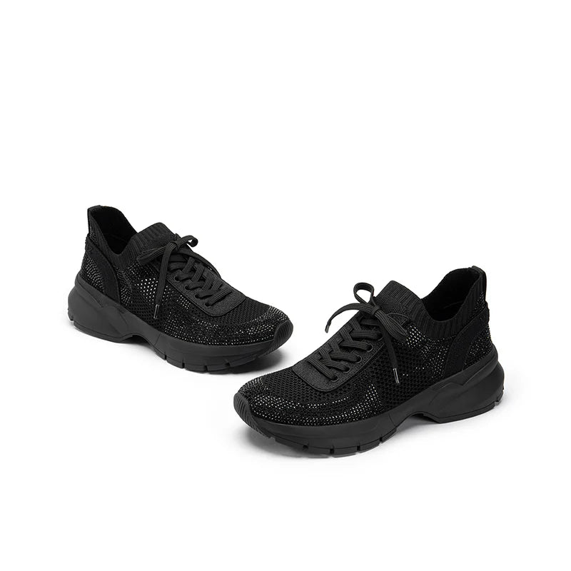 Rhinestone Mesh Knit Chunky Platform Sneakers - Black
